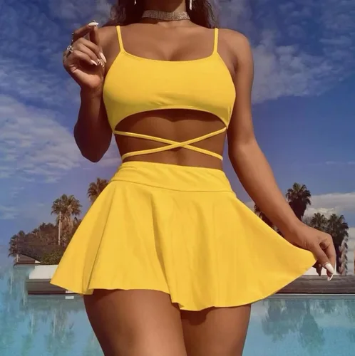 Vista 2 de Conjunto de bikini de talle alto para mujer, traje de baño sexy de dos piezas Tiras, Lindo, falda natación, traje de baño