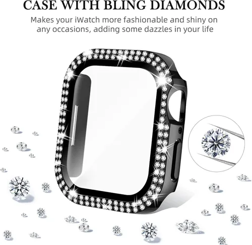 Vista 2 de Adepoy Funda para Apple Watch de 38 mm Serie 3/2/1 con protector de pantalla de vidrio templado, doble Bling Case Crystal Diamonds Bumper Total Hard