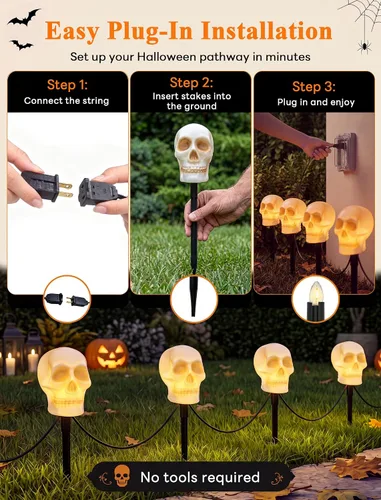 Vista 7 de Luces de estaca C7 de Halloween con calavera, 7 pies, cadena de luces de camino de Halloween con 4 bombillas C7, estaca, decoraciones de Halloween