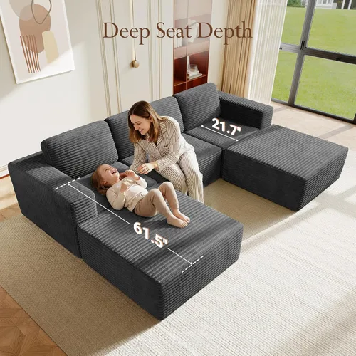 Vista 5 de Vesgantti Sofá modular en forma de U de 119 pulgadas, sofá modular de pana con asiento profundo y soporte de resorte, sofá convertible con 2 119
