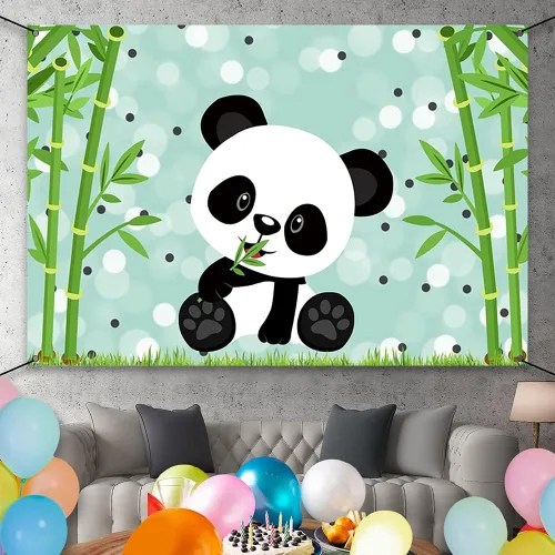 Vista 2 de AWERT Cartel de poliéster de 6 x 3.6 pies con lindo panda de dibujos animados para niños, decoración de fiesta de cumpleaños, suministros de fiesta