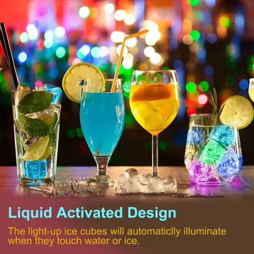 Vista 3 de 12 cubos de hielo impermeables con luz LED para bebidas que cambian de color, parpadean en la oscuridad, para bar, club, beber, fiesta, vino, boda