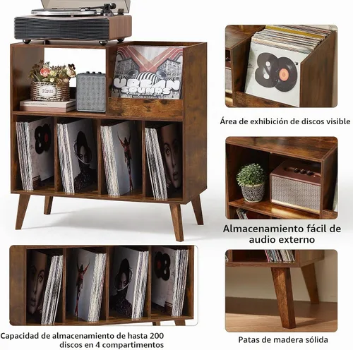 Vista 6 de LELELINKY - Soporte grande para tocadiscos con capacidad para hasta 300 álbumes Brown Turntable Stand, Vinyl Holder with Display Area, Record