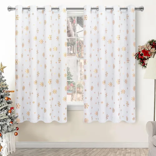 Vista 14 de FRAMICS Cortinas de Navidad con estampado de copos de nieve dorados en papel de aluminio, cortinas opacas con aislamiento térmico para sala de estar