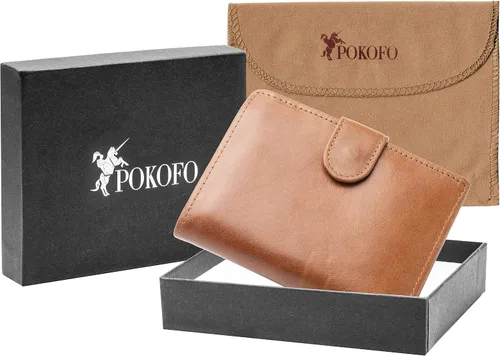 Vista 6 de POKOFO Gran RFID Cuero Genuino Tarjetero Trifold Wallet Snap Cierre 3 ID Windows para los hombres