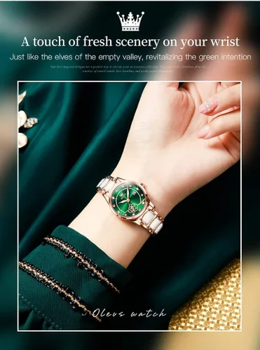 Vista 3 de OLEVS Reloj de pulsera para mujer oro rosa elegante de cerámica para mujer de cuarzo acero inoxidable impermeable luminoso
