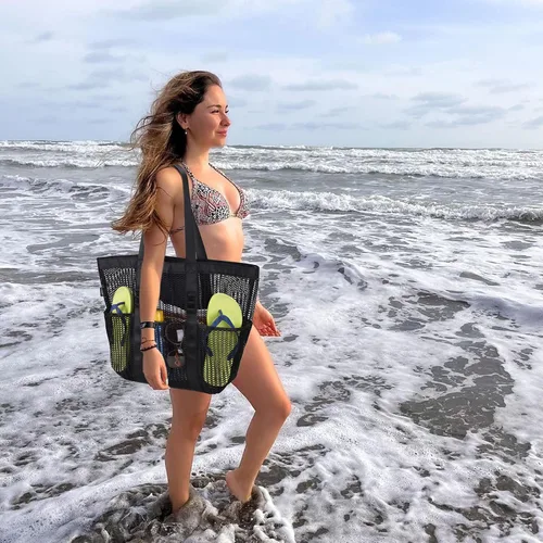 Vista 7 de Bolsa de playa - Bolsa tote de malla para vacaciones en la playa, ropa para mujeres, bolsa para piscina para viajes, piscina, crucero familiar