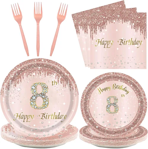 Vista 10 de 24 juegos de decoración de cumpleaños de oro rosa para niñas 1 juego de platos y servilletas y tenedores suministros de fiesta para niños de 1 año