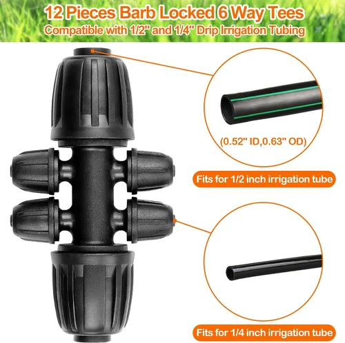 Vista 3 de 12 piezas de accesorios de riego por goteo para tubo de 1/2 pulgada a 1/4 pulgadas, camiseta reductora de tubería de 1/2 a 1/4 pulgadas, línea
