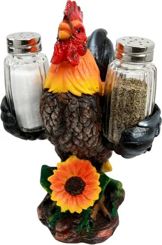 Vista 3 de Ebros Country Farm Barnyard Alpha Rooster - Juego de salero y pimentero, juego de figuras de girasol, aves de corral, pollo, condimentos decorativos