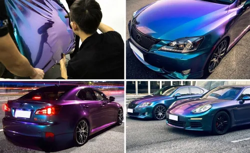 Vista 5 de LZLRUN Adhesivo de vinilo brillante brillante de color azul camaleón a morado con purpurina para interior del automóvil, lámina de cambio