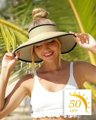 Vista 7 de Camptrace UPF 50+ Sun Visors for Women Wide Brim Beach Hat Foldable Straw Visor Hat Ponytail Summer Packable