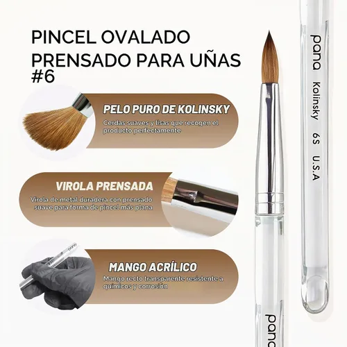 Vista 3 de Cepillo Pana USA para de uñas de acrílico, puro Kolinsky de pelo ovalado, forma prensada Transparente