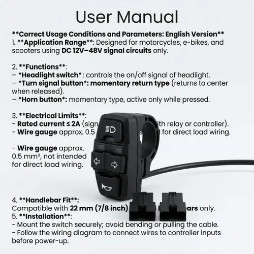 Vista 2 de QWORK® Interruptor de control de manillar de motocicleta 3 en 1 - Luz delantera, señal de giro, bocina Montaje en manillar de 22mm 7/8 pulgadas