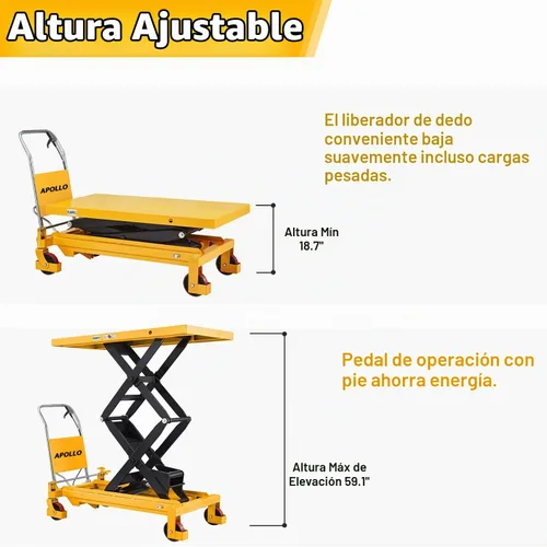 Vista 4 de APOLLO Carro de Mesa Elevatoria Manual con Tijeras Dobles, Plataforma Hidráulica con Capacidad de 798 kg, Altura de Elevación de 150 cm 1760 libras