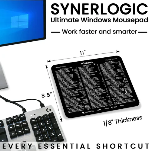 Vista 2 de Synerlogic Windows 10/11 Ultimate Keyboard Shortcut Guía de referencia Mousepad V2.0 (negro)