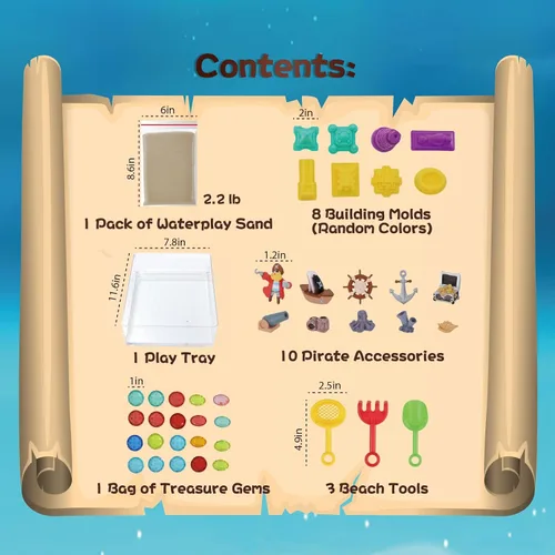 Vista 5 de Kit de arena sensorial y acuática: arena de juego de aventura pirata de 2.2 libras para niños a partir de 4 años, juego de agua y caja de arena