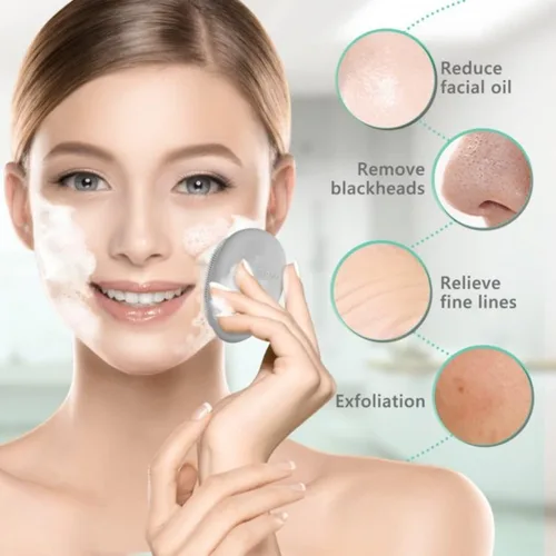 Vista 4 de Cepillo de silicona suave para limpieza facial con estuche de almacenamiento, 2 unidades, color gris y verde