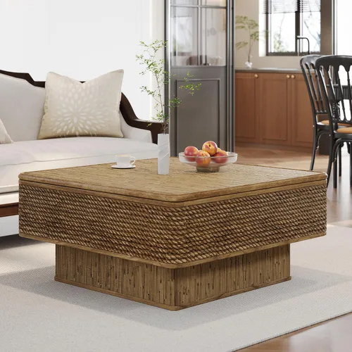 Vista 4 de Mesa auxiliar cuadrada de 31.52 pulgadas con almacenamiento, ratán natural y cuerda de cáñamo, función ajustable, mesa central vintage de granja