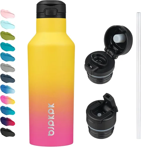 Vista 26 de BJPKPK Botella de agua aislada con pajilla, botellas de agua de acero inoxidable de 17 onzas con 2 tapas y asa de transporte, botella térmica