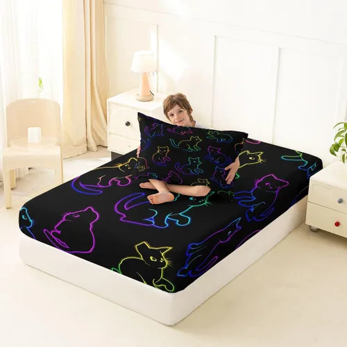 Vista 4 de Feelyou Cat Bed Sheets Set Twin Size Halloween Themed Bed Set Trick or Treat Deep Pocket Fitted Sheet Scaredy Cat Breathable Soft Lightweight