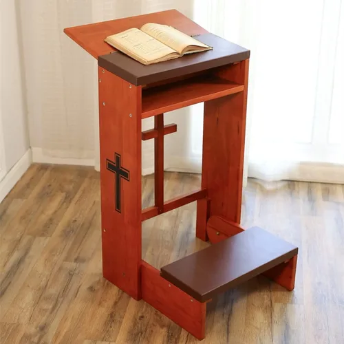 Vista 2 de Taburete de banco de oración, de madera maciza con banco y mesa plegable en el hogar, mesa de oración de iglesia, estante acolchado