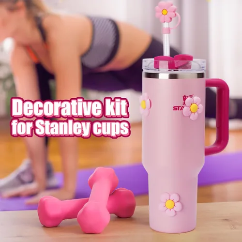 Vista 7 de Juego de accesorios compatibles con Stanley Cup, incluye 2 tapones de silicona a prueba de derrames, 6 piezas de decoración de pétalos para vaso