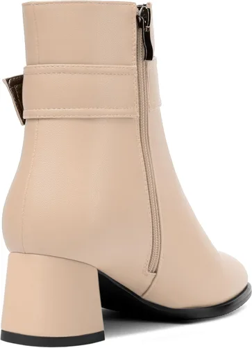 Vista 5 de MERRORI Botas altas de tacón bajo mate mate con cremallera y punta redonda para mujer, 2 pulgadas Beige