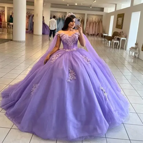Vista 3 de XYAYE Vestido de quinceañera con hombros descubiertos y flores 3D para mujer, vestido de baile con capa de encaje con cuentas hinchadas, vestido
