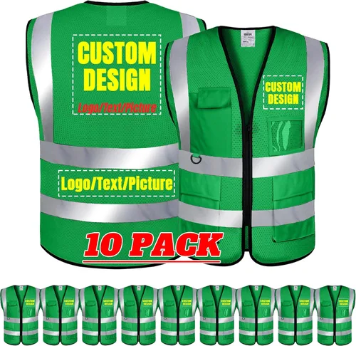 Vista 34 de BeautyWill Chaleco de seguridad con logotipo personalizado Class2 Chaleco reflectante de alta visibilidad con bolsillos y cremallera chaleco