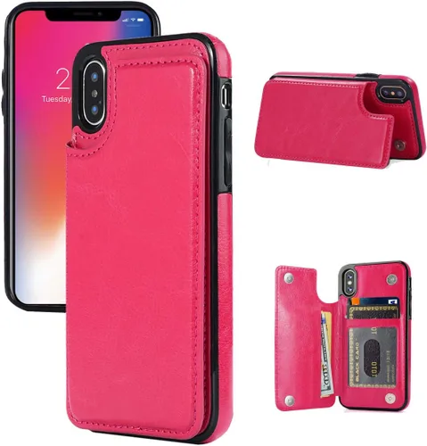 Vista 12 de Funda tipo cartera compatible con iPhone X/XS, funda protectora delgada con tarjetero y ranuras para tarjetas de piel sintética de alta calidad