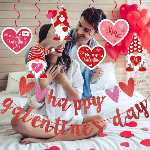 Vista 2 de Cartel de feliz día de los galentinos con purpurina roja y espirales colgantes para el día de San Valentín para decoraciones del día de San Valentín