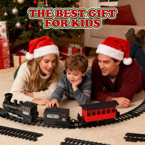 Vista 7 de Juego de tren de árbol de Navidad de 15 piezas con humo, sonido y luces, pista elegante y vagones de pasajeros vintage para Navidad, juego de tren
