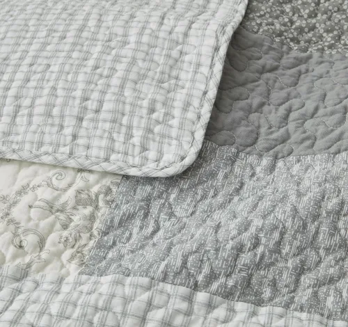 Vista 8 de Chezmoi Collection Caleb - Juego de edredón de 2 piezas con diseño floral a cuadros en gris apagado, blanco y marfil, rectangular, prelavado