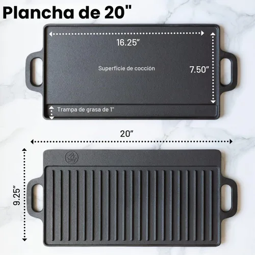 Vista 2 de Parrilla de hierro fundido sazonado reversible grande de 20 x 9 pulgadas