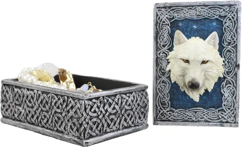 Vista 9 de Ebros Gift Figura decorativa rectangular de lobo alfa con elemento de noche estrellada azul celta como recuerdo, almacenamiento de joyas, decoración