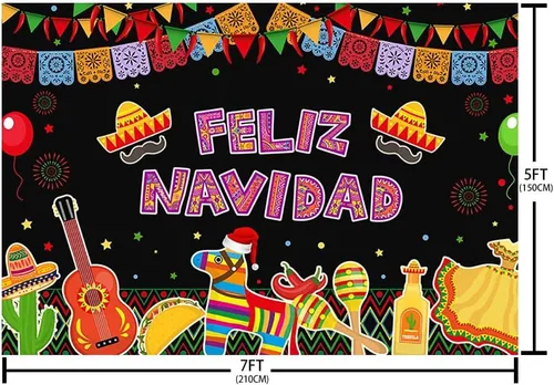 Vista 5 de AIBIIN 7 x 5 pies Feliz Navidad Bckdrop Fiesta Navidad Mexicano Bandera de Color Globo Fondo de Navidad Festivales Suministros de Fiesta Pancarta
