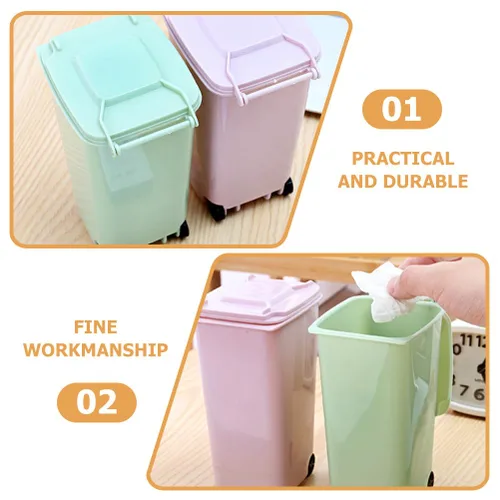 Vista 9 de STOBAZA 2 botes de basura pequeños para interior de compost, para lápices, mini bote de basura con tapa, cubos de plástico para dormitorio, pequeños