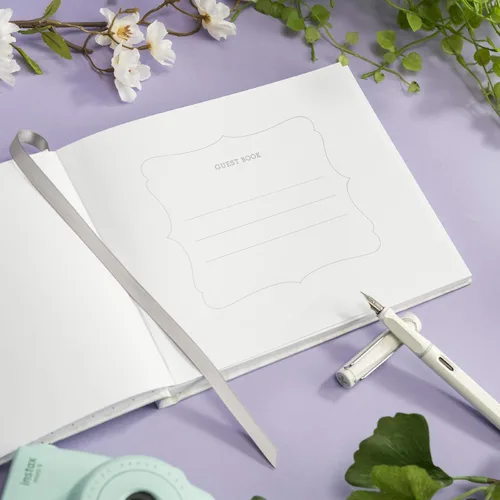 Vista 4 de Global Printed Products Libro de invitados de boda, 9"x7", blanco con lámina dorada