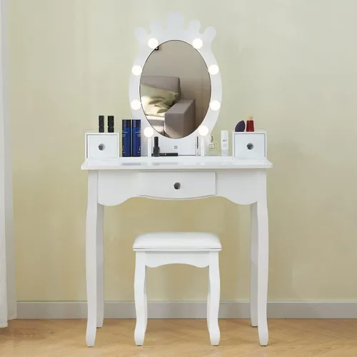 Vista 8 de Juego de mesa de tocador de maquillaje con taburete con cajones, espejo iluminado regulable con luz de control de voz y táctil, tocador