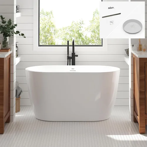 Vista 50 de FerdY Bañera independiente de acrílico Bali de 47 pulgadas, bañera independiente con forma elegante, certificado cUPC, drenaje dorado cepillado