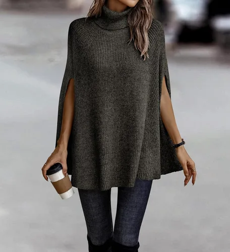 Vista 2 de KIRUNDO 2023 - Suéter tipo poncho de cuello alto para mujer, suéter de punto grueso a la moda, suéter de punto envolvente, suéter sin botones