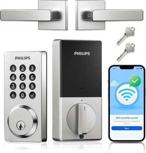 Vista 10 de Philips Cerradura de puerta inteligente WiFi con asa, control remoto con aplicación WiFi integrada, cerraduras de puerta de entrada sin llave