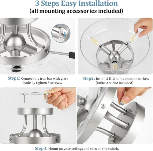 Vista 5 de TOBUSA Lámpara de techo semiempotrada de 3 luces, moderna lámpara de techo industrial de vidrio con base E12, lámpara de techo semiempotrada