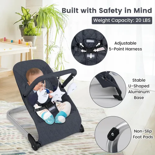 Vista 4 de HONEY JOY Gorila para bebé, asiento estacionario plegable portátil para recién nacido con vibraciones, barra de juguetes extraíble, arnés