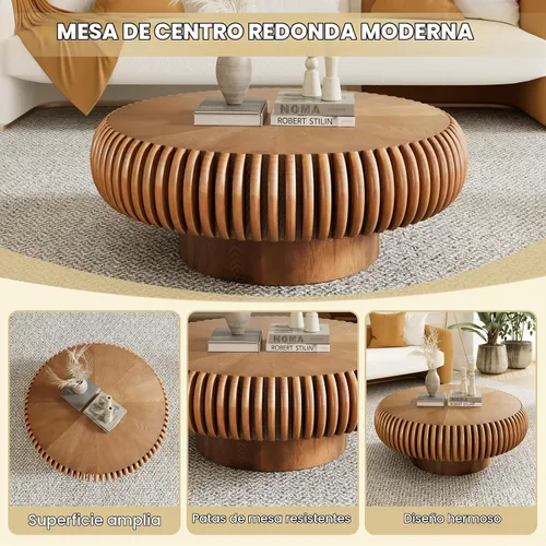 Vista 3 de Mesa de centro redonda acanalada de 31.5 pulgadas, moderna mesa de centro de madera para sala de estar, mesa central de alivio hecha a mano