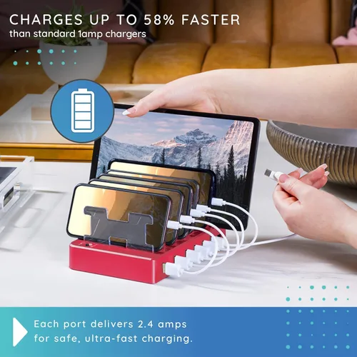 Vista 4 de Estación de carga para múltiples dispositivos – Base de carga USB de 6 puertos para Apple y Android – Organizador de carga múltiple rápida