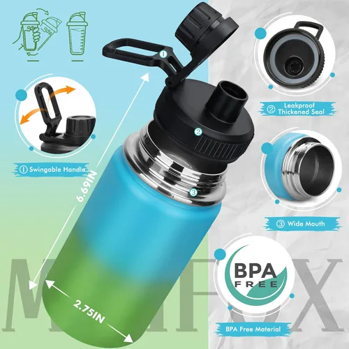 Vista 5 de Botella de agua aislada de 12 onzas, botellas de agua de acero inoxidable de doble pared aislada al vacío, boca ancha, a prueba de fugas, sin BPA