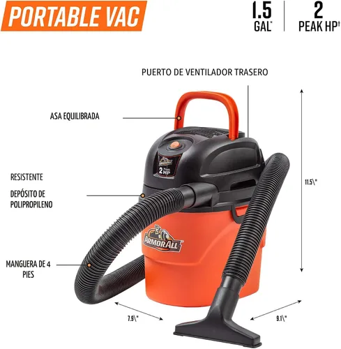 Vista 3 de Armor All® AA155 Aspiradora portátil húmeda/seca de 1.5 galones y 2 HP pico, naranja