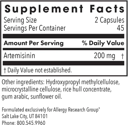 Vista 3 de Allergy Research Group Suplemento de artemisinina – Apoyo del tracto gastrointestinal, Qinghaosu puro de Artemisia annua, sin tujona